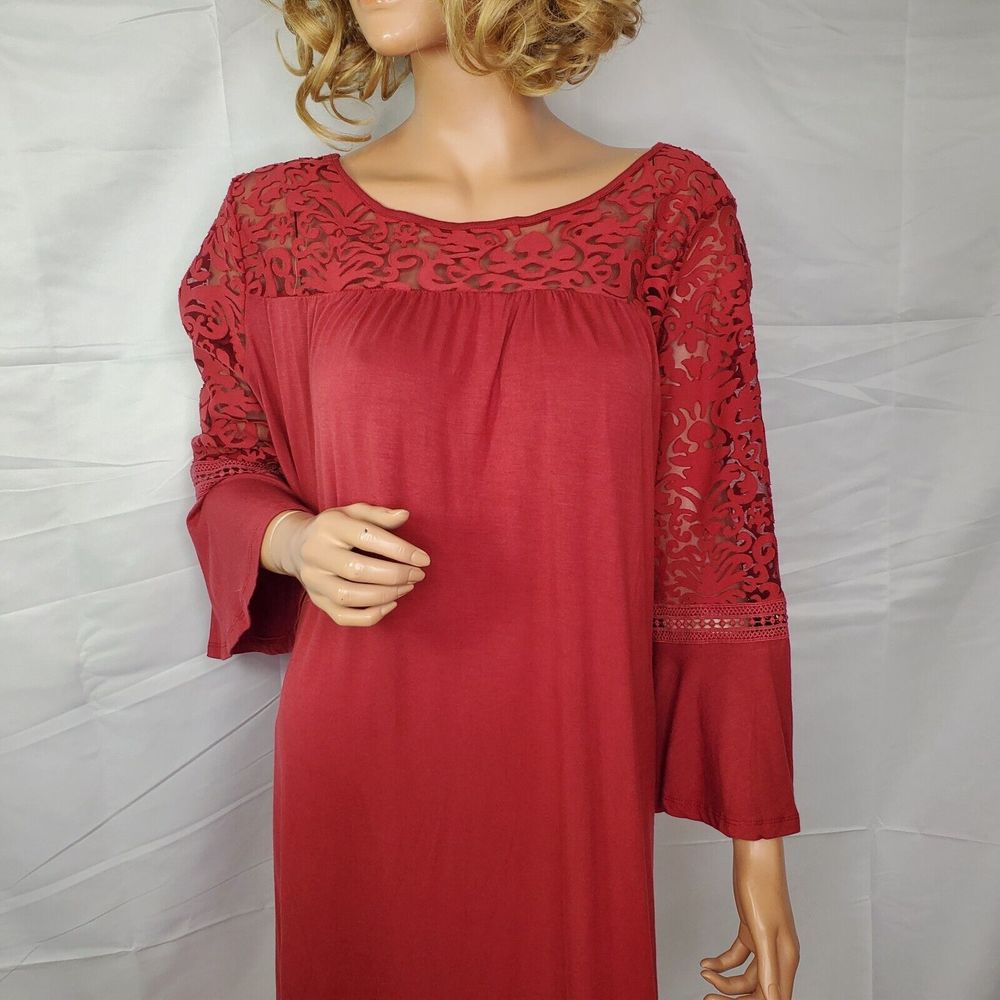 Indigo Rose Woven Peasant Shift Dress Boho Crochet Solid Dark Pink Lg NWT